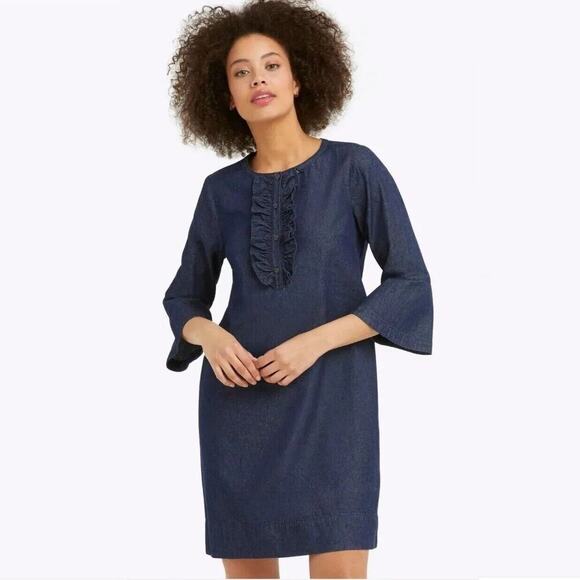 Draper James Ruffle Chambray Popover Dress 8 Dark Wash 3/4 Bell Sleeve #7466 - Picture 1 of 16